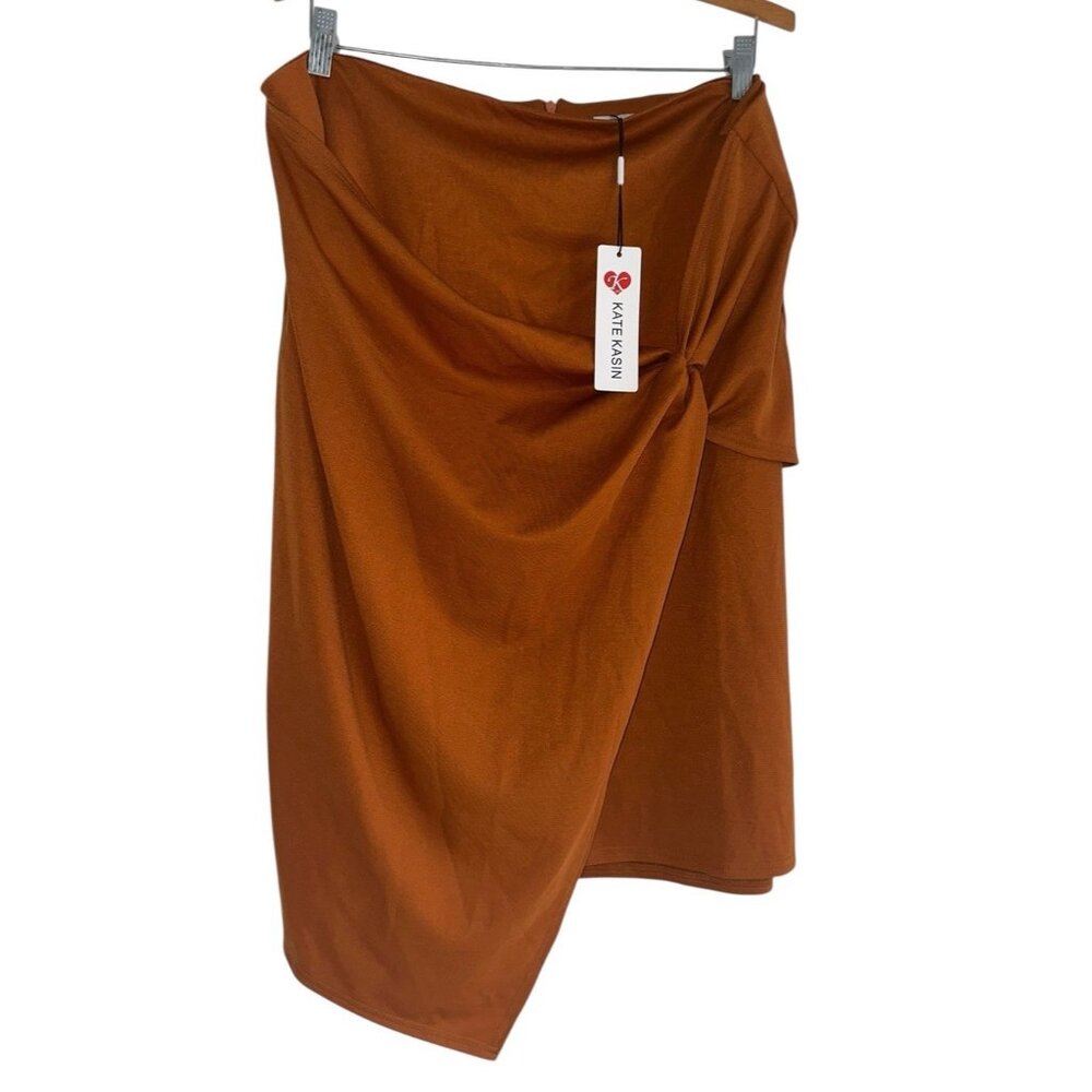 NWT Kate Kasin Womens Plus 3X Faux Wrap Knot Front Asymmetric Midi Skirt Copper